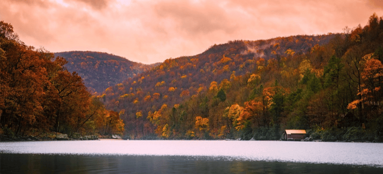 A distant photograph of Cheat Lake in West Virginia.