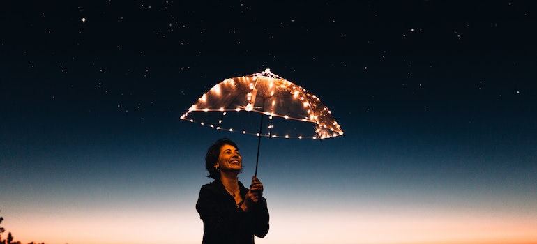A smiling woman using an umbrella with lights under the night sky.