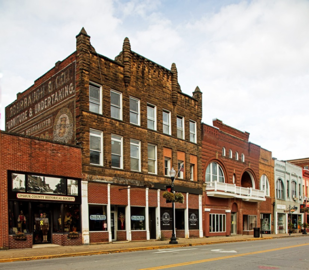 A distant photo of traditional stores in Buckhannon West Virginia.