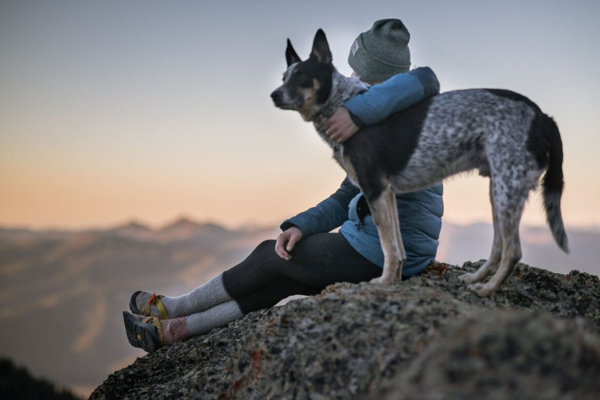 woman on a mountain top with her dog demonstrating the healing power of animals.