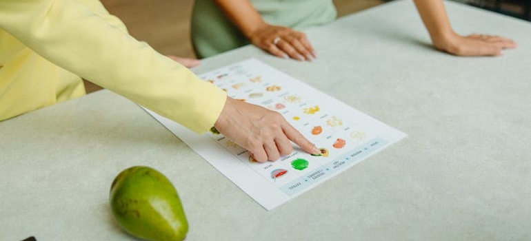 Nutritionist pointing to a paper discussing eating disorders and substance abuse.